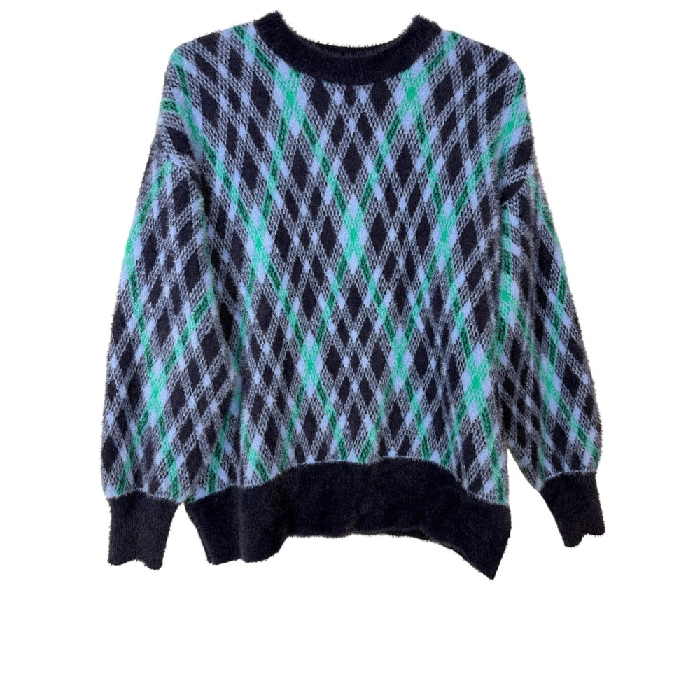 Aerie Argyle Plaid Flurry Sweater Women Small Blue Green Oversized Crewneck